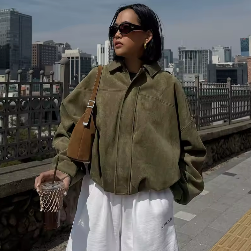 Isla Veste Femme en Daim Blouson Oversize Élégant avec Coupe Moderne & Confort Doux, vue 4