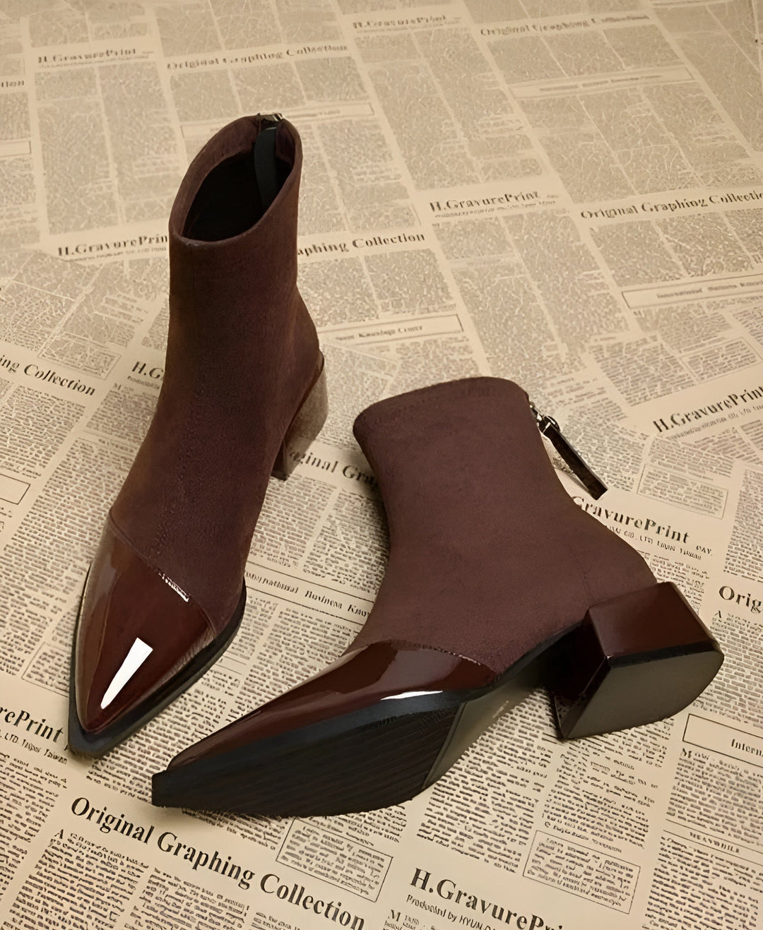 Gracia Bottines Femme Boots Élégantes en Daim avec Détails Vernis & Talon Bloc Confortable