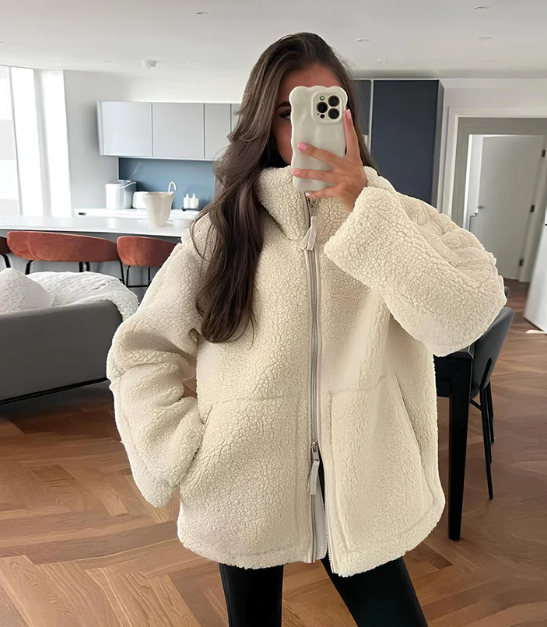 Fely Veste Teddy Femme Manteau Oversize Chaud avec Col Haut & Tissu Ultra Doux