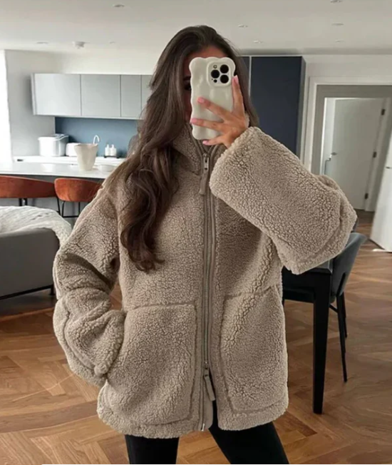 Fely Veste Teddy Femme Manteau Oversize Chaud avec Col Haut & Tissu Ultra Doux, vue 7
