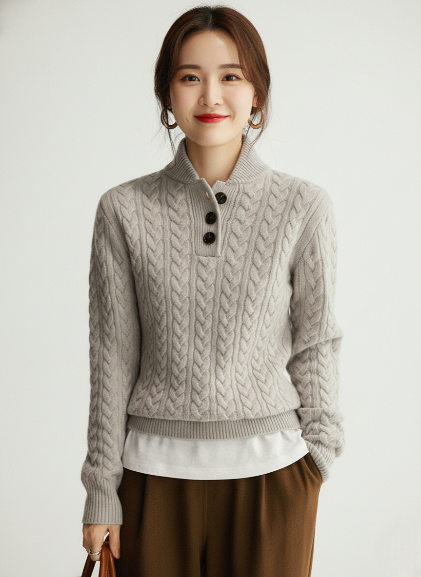 Sharmaine Pull Femme Boutonné Pull en Maille Câblée Douce avec Col Élégant, vue 4