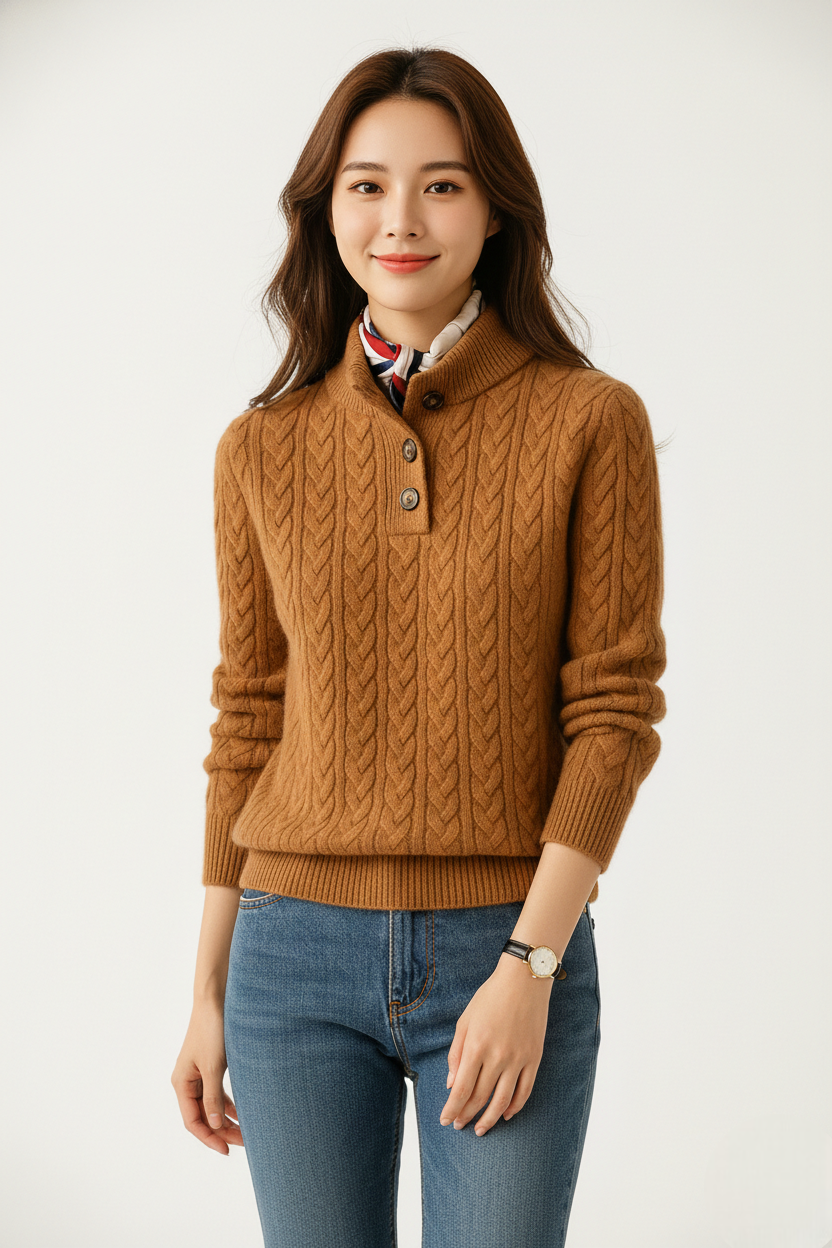 Sharmaine Pull Femme Boutonné Pull en Maille Câblée Douce avec Col Élégant, vue 2