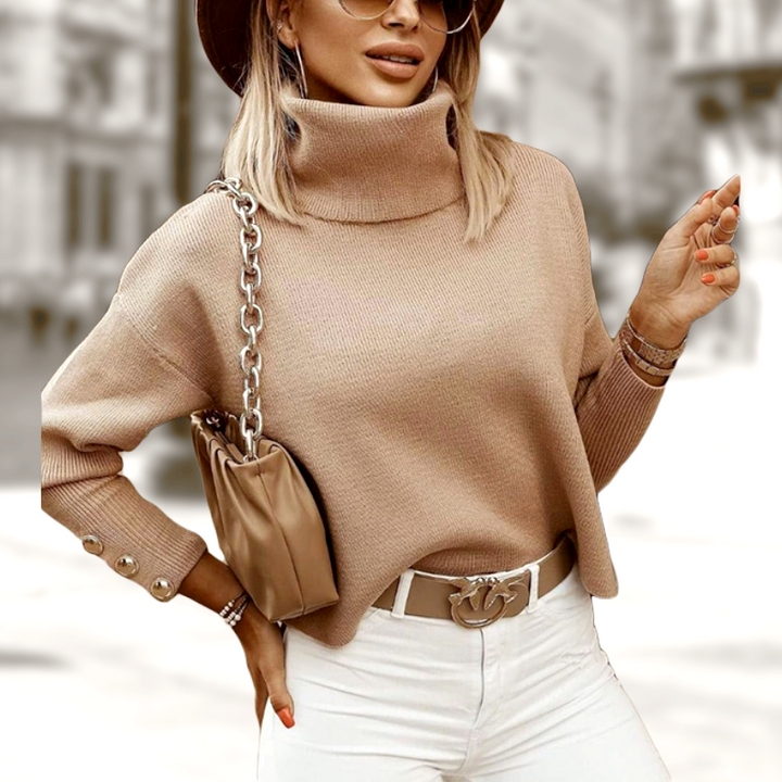 Maisie Pull à Col Roulé Femme Tricot Côtelé Oversize avec Manches Boutonnées Élégantes, vue 2