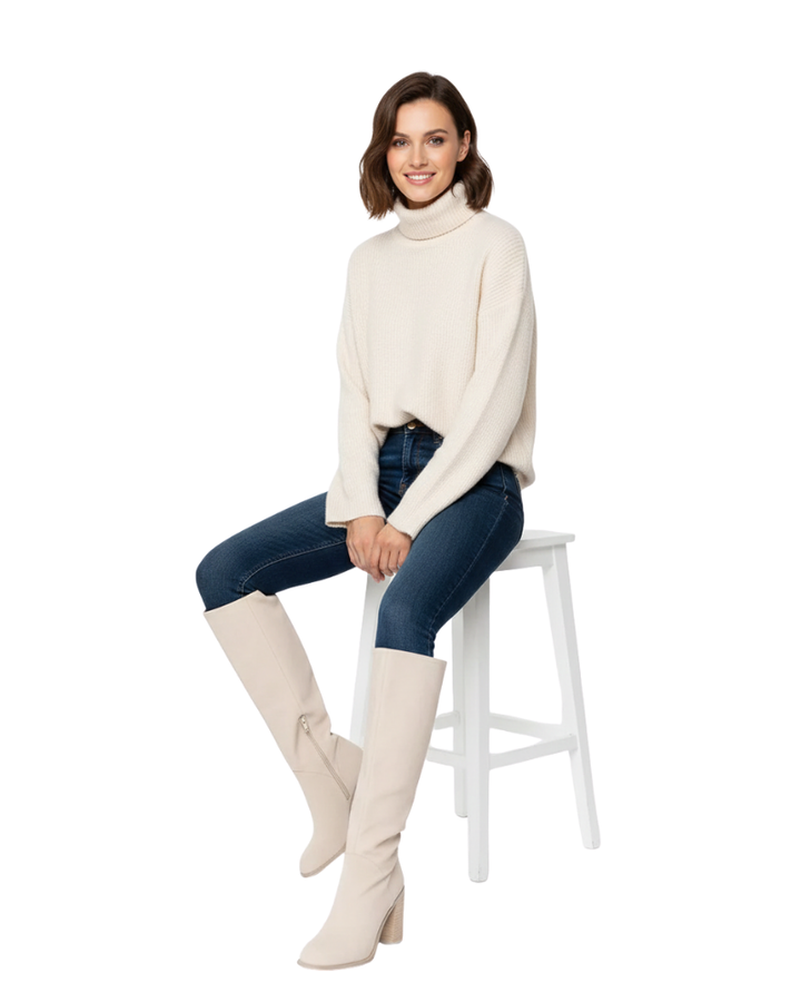 Noemie Bottes Hautes Femme Beige Bottes Élégantes Confortables en Similicuir avec Coupe Ajustée, vue 2