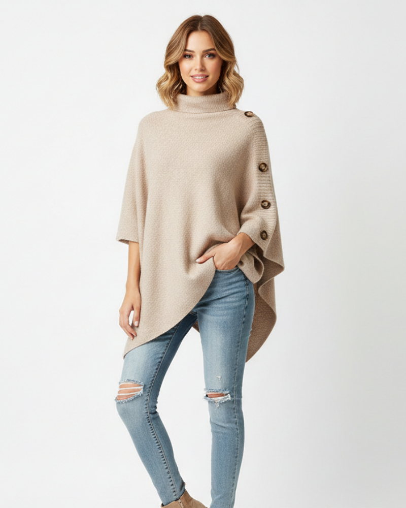 Elayne Poncho Laine Femme Poncho Oversize Élégant avec Col Haut & Finition Asymétrique