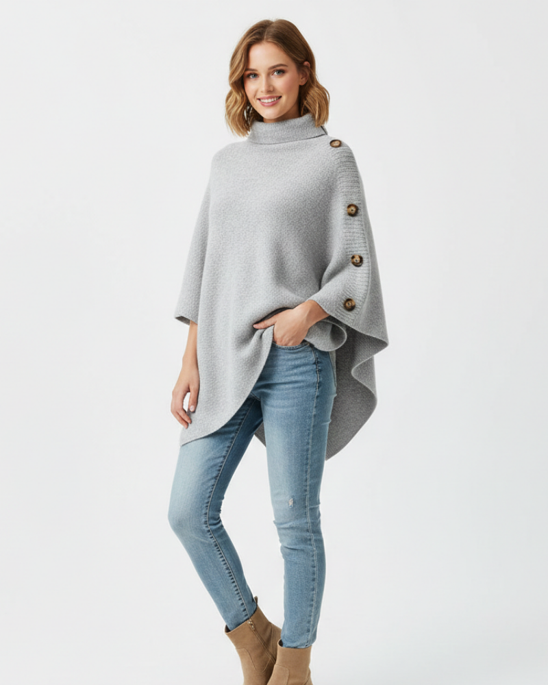 Elayne Poncho Laine Femme Poncho Oversize Élégant avec Col Haut & Finition Asymétrique, vue 3
