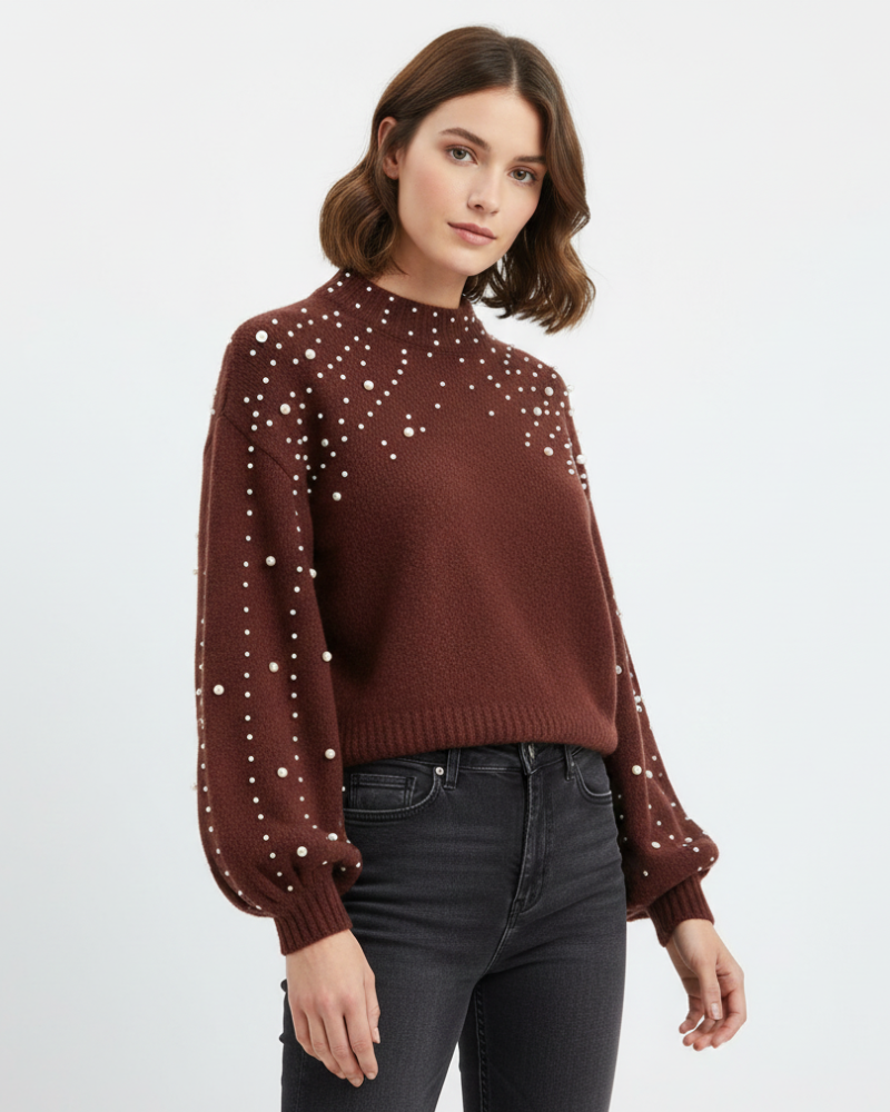 Valery Aureli Pull Femme Élégant à Perles Maille Douce avec Manches Ballon Chic Hiver, vue 2