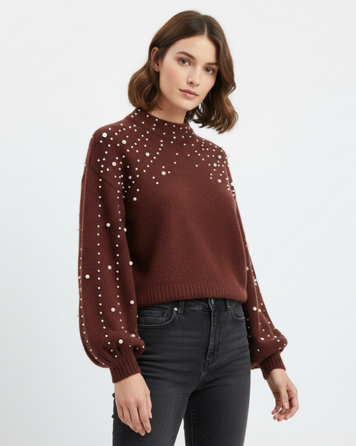 Valery Aureli Pull Femme Élégant à Perles Maille Douce avec Manches Ballon Chic Hiver, vue 2