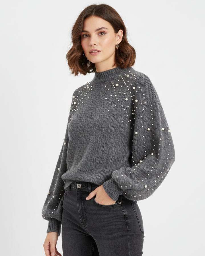 Valery Aureli Pull Femme Élégant à Perles Maille Douce avec Manches Ballon Chic Hiver