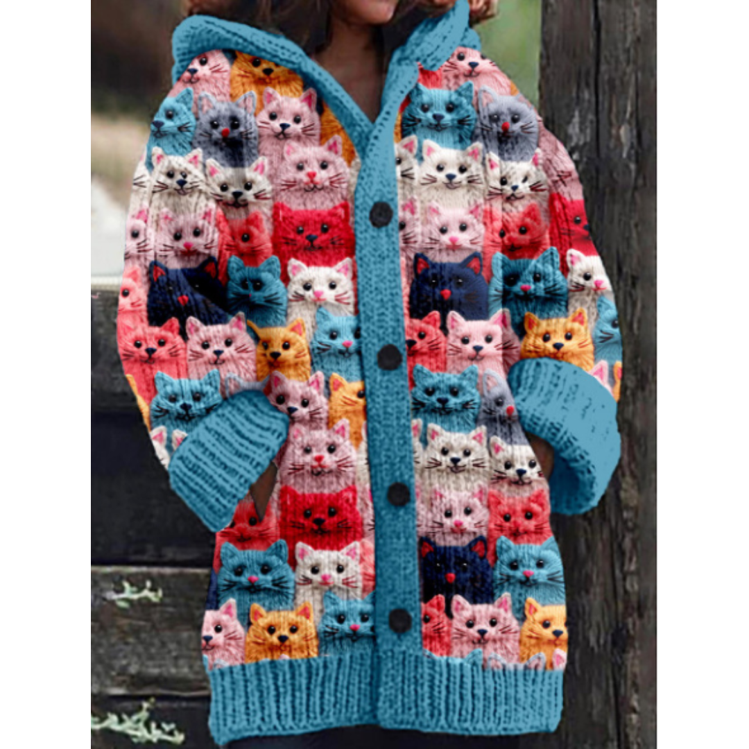 Cardigan Lenora Multicolore à Motifs de Chats Douillet & Original, Mélange Acrylique et Polyester