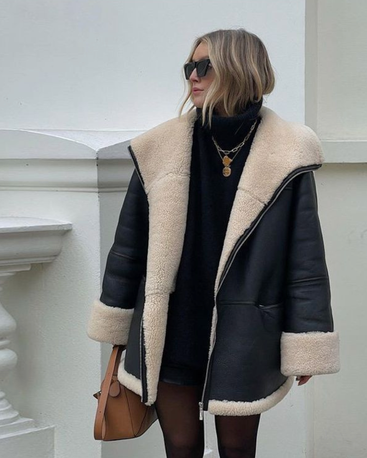 Iris Manteau d’Hiver Femme en Simili-Cuir Coupe Oversize avec Doublure Teddy & Col Shearling