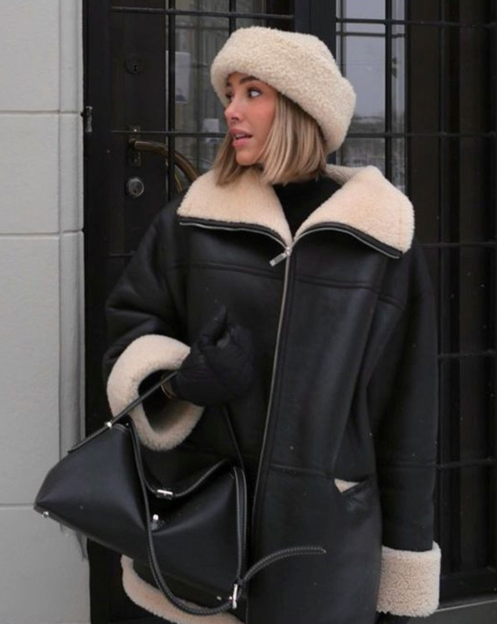 Iris Manteau d’Hiver Femme en Simili-Cuir Coupe Oversize avec Doublure Teddy & Col Shearling, vue 2