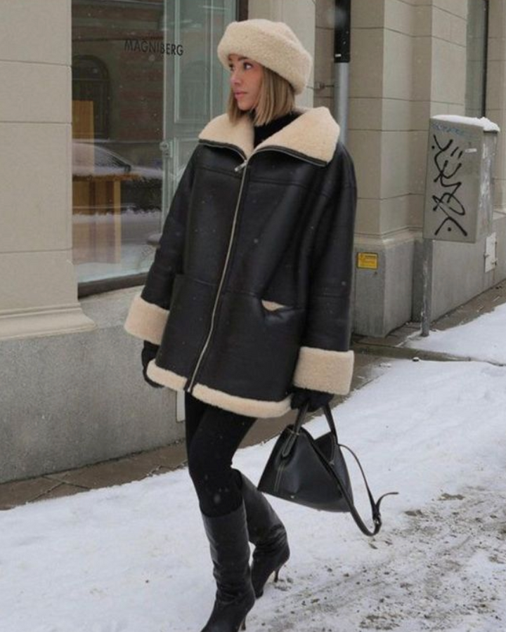 Iris Manteau d’Hiver Femme en Simili-Cuir Coupe Oversize avec Doublure Teddy & Col Shearling, vue 3