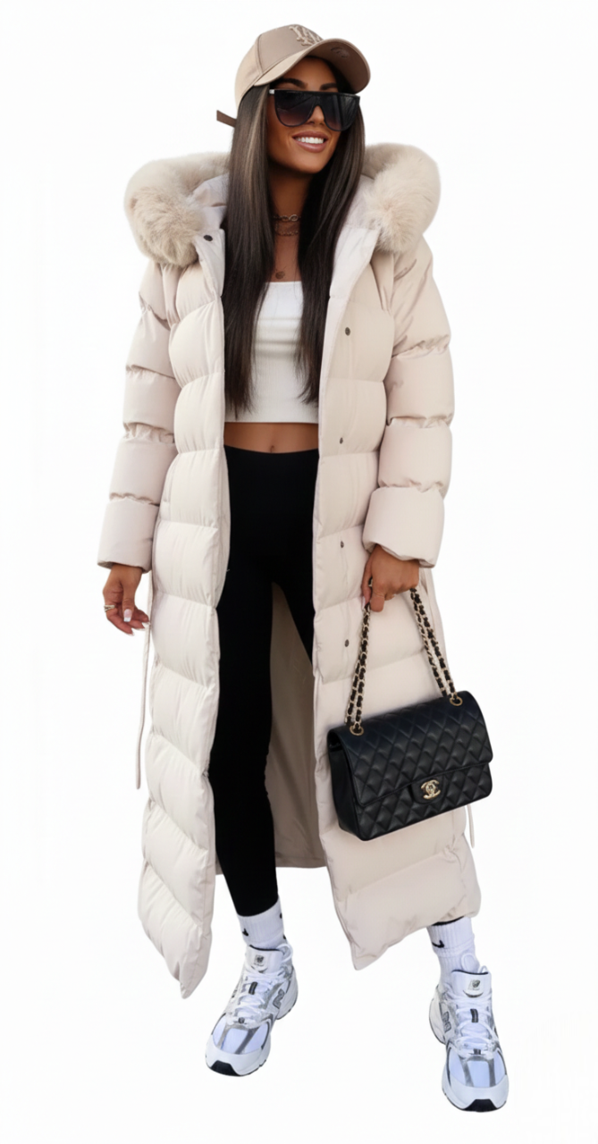 Vera Manteau Long d’Hiver Femme Doudoune Élégante avec Col en Fausse Fourrure et Ceinture, vue 3