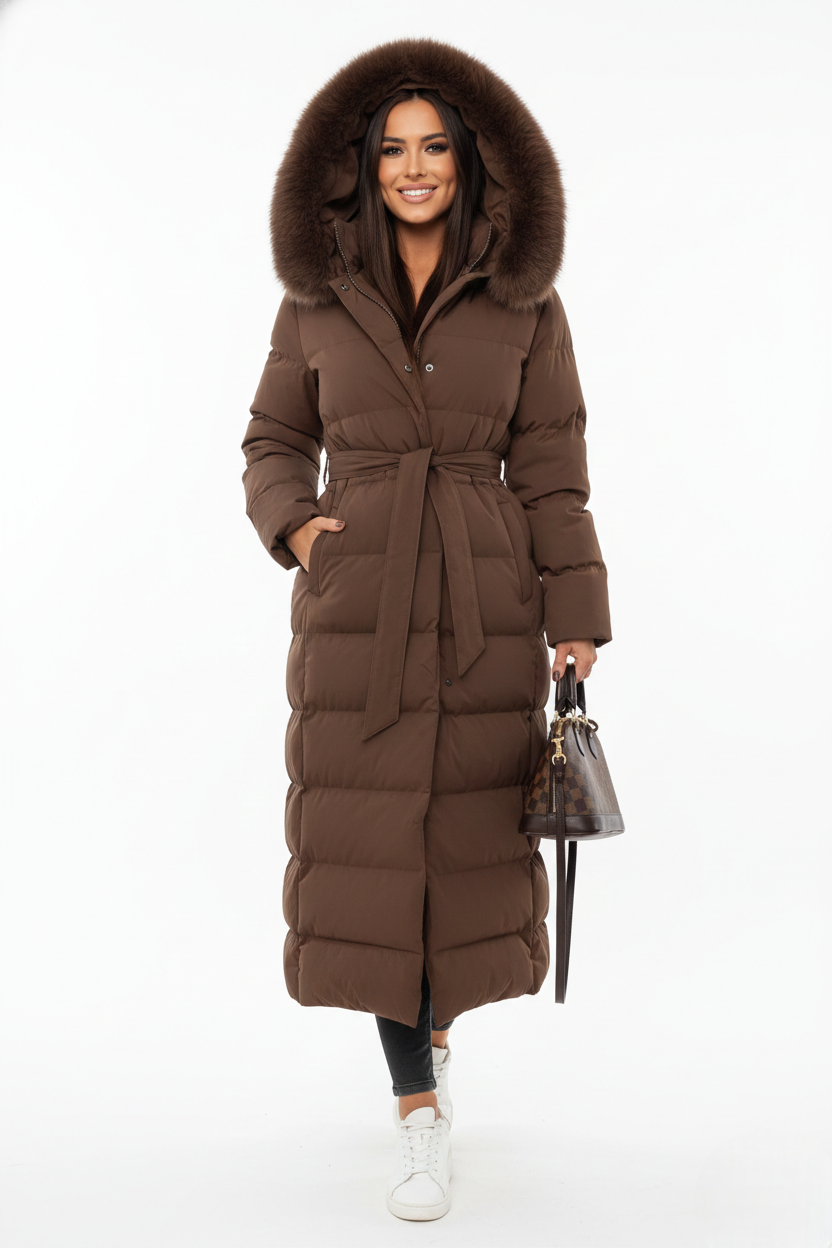 Vera Manteau Long d’Hiver Femme Doudoune Élégante avec Col en Fausse Fourrure et Ceinture