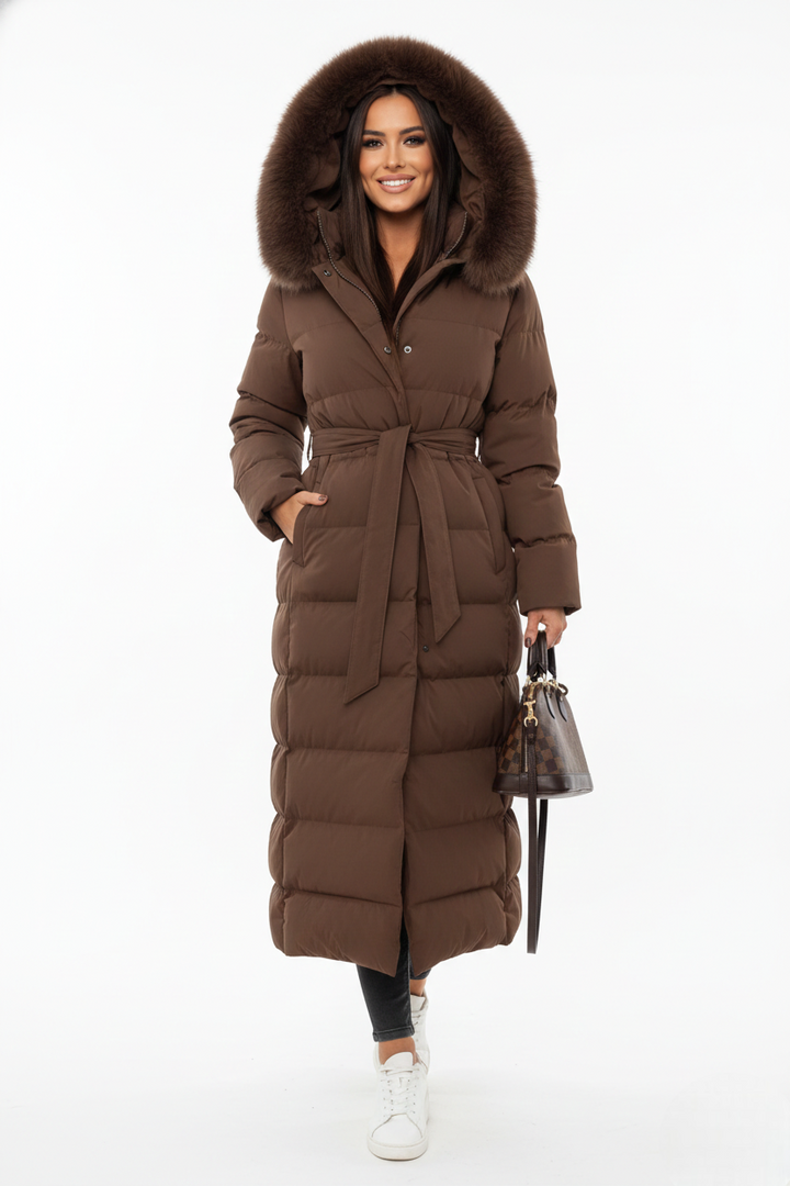 Vera Manteau Long d’Hiver Femme Doudoune Élégante avec Col en Fausse Fourrure et Ceinture