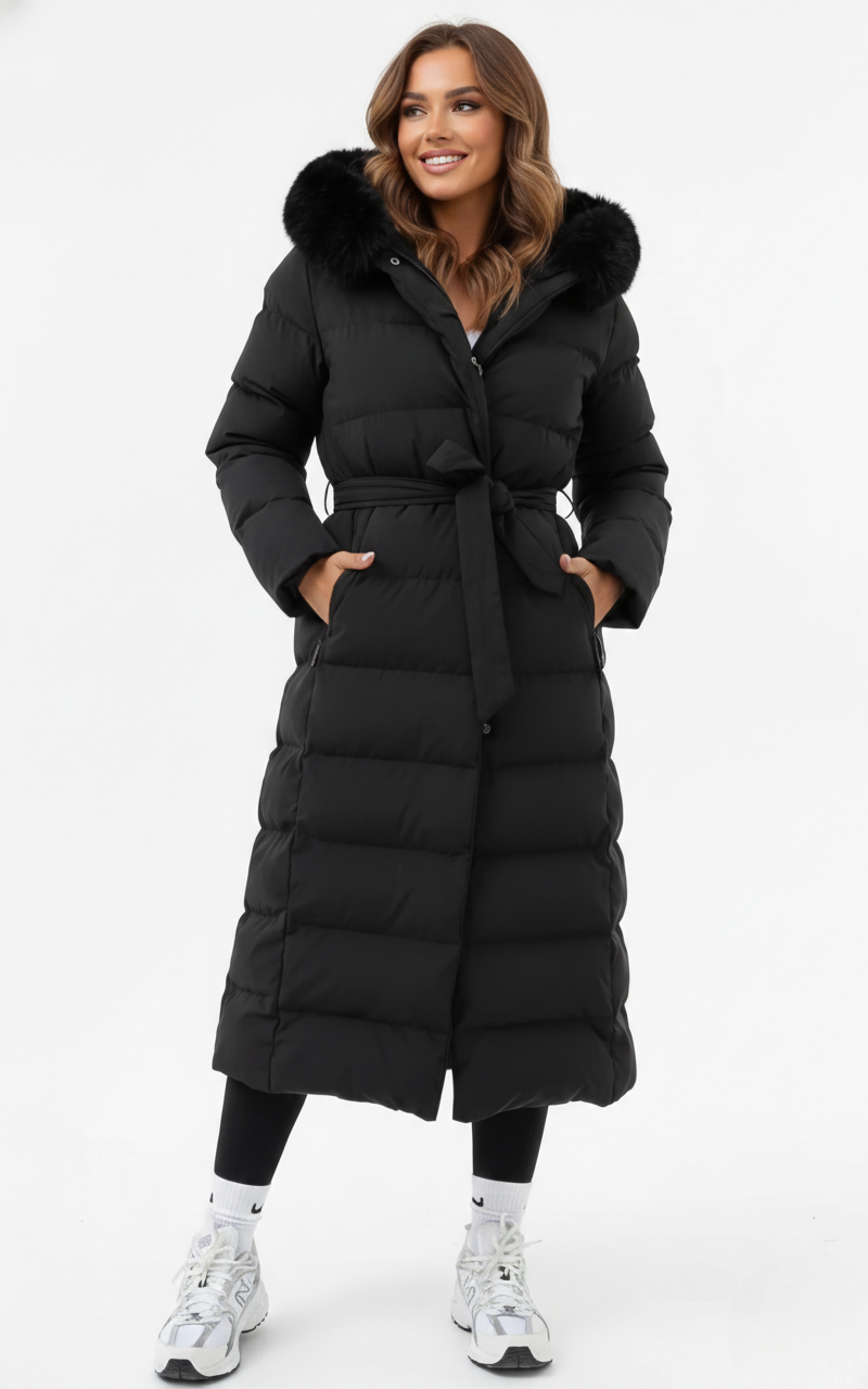 Vera Manteau Long d’Hiver Femme Doudoune Élégante avec Col en Fausse Fourrure et Ceinture, vue 2