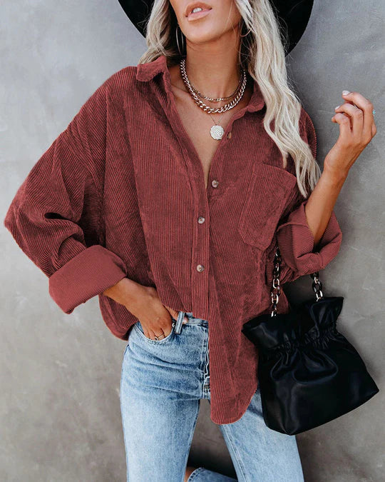 Ainsley Chemise Femme Chemise Vintage Décontractée en Velours Côtelé Doux avec Poche Poitrine, vue 3