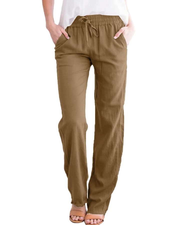 Thalia Pantalon Femme Coton & Lin, Taille Élastique à Cordon, Coupe Droite & Poches, vue 2