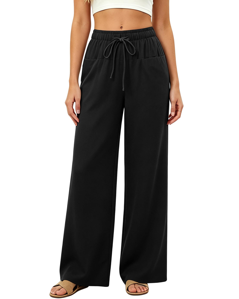 Ginevra Pantalon Palazzo Femme Coton & Lin, Taille Haute à Cordon, 4 Poches, vue 4