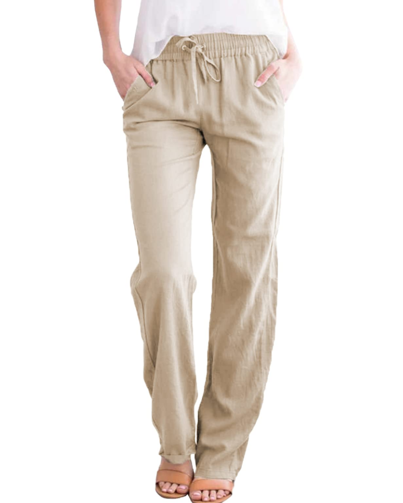 Thalia Pantalon Femme Coton & Lin, Taille Élastique à Cordon, Coupe Droite & Poches, vue 3