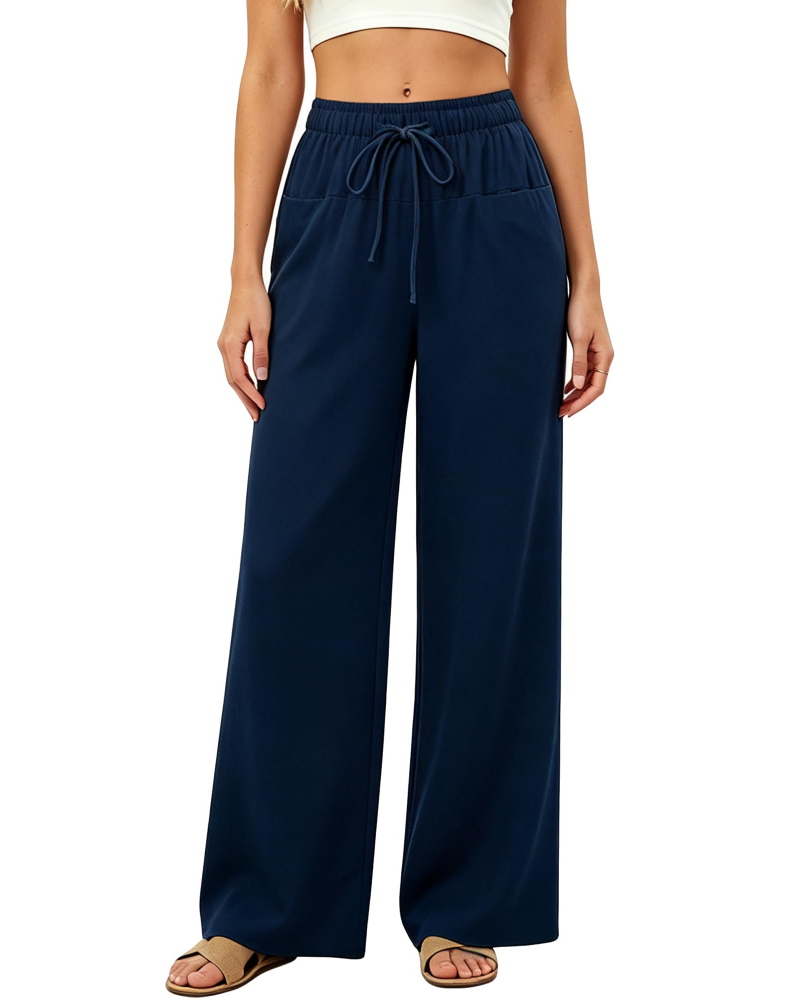 Ginevra Pantalon Palazzo Femme Coton & Lin, Taille Haute à Cordon, 4 Poches, vue 3