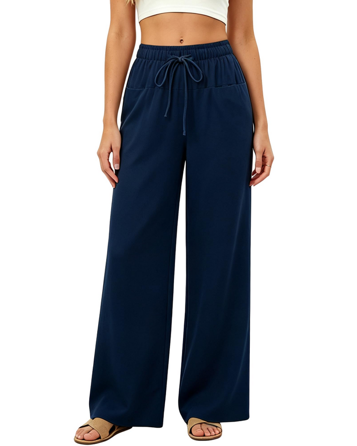 Ginevra Pantalon Palazzo Femme Coton & Lin, Taille Haute à Cordon, 4 Poches, vue 3