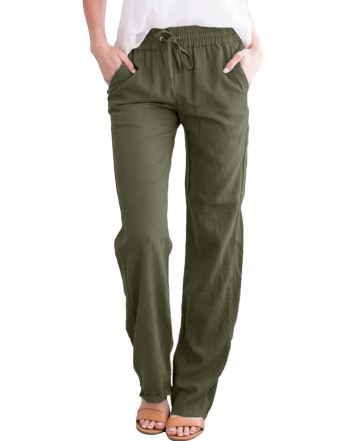 Thalia Pantalon Femme Coton & Lin, Taille Élastique à Cordon, Coupe Droite & Poches, vue 4