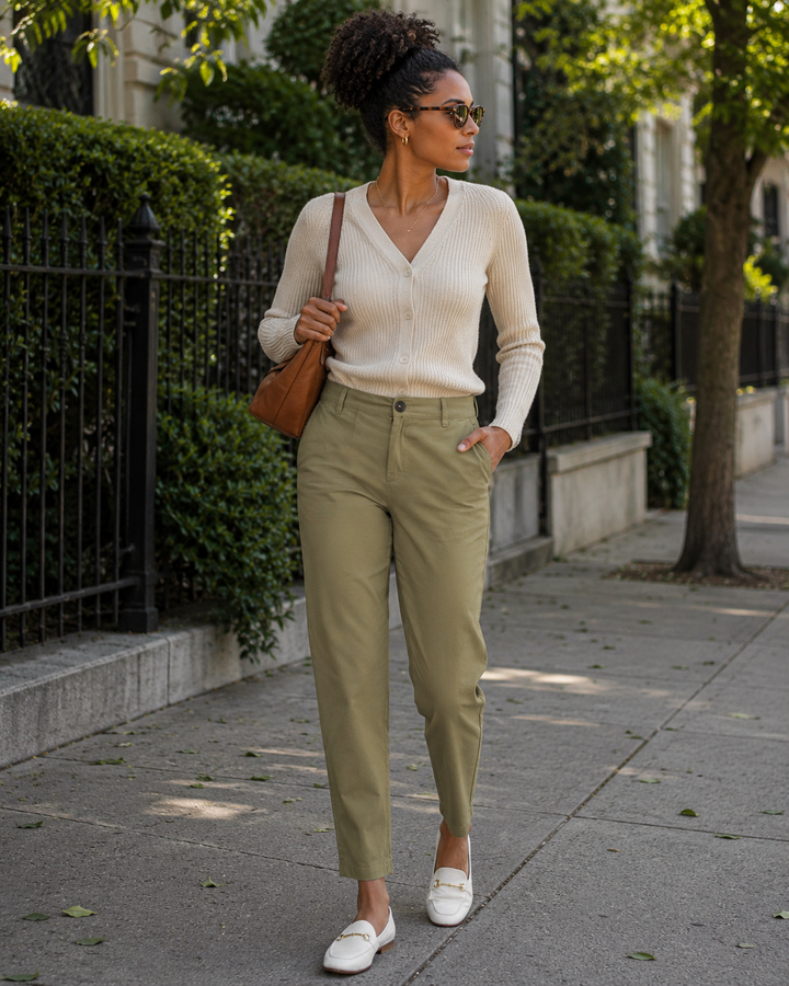Elspeth Pantalon Chino Femme Coupe Droite, Taille Mi-Haute, Stretch & Poches