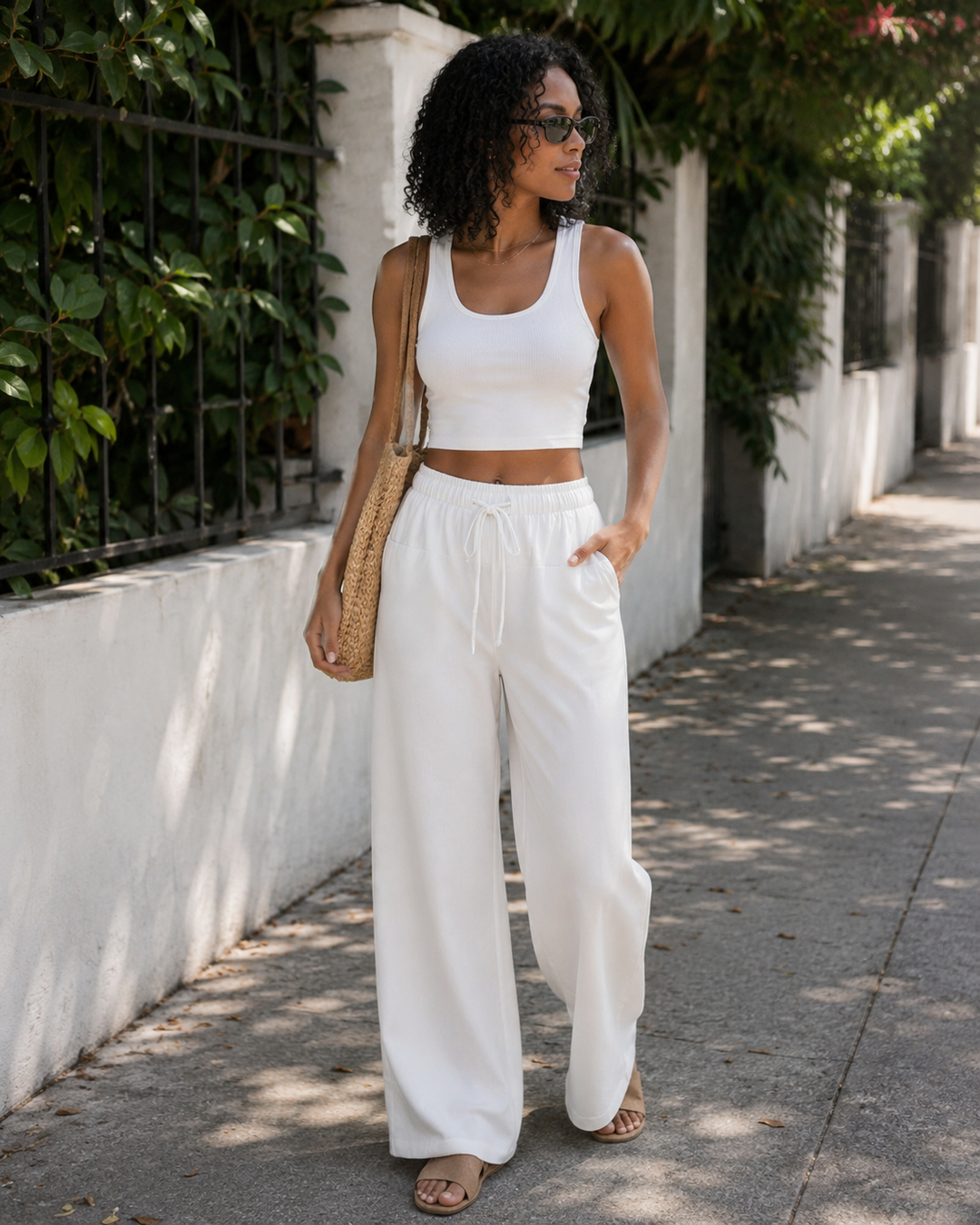 Ginevra Pantalon Palazzo Femme Coton & Lin, Taille Haute à Cordon, 4 Poches