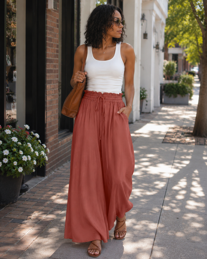 Ondine Pantalon Palazzo Femme Taille Haute à Cordon, Fluide, Léger & Poches