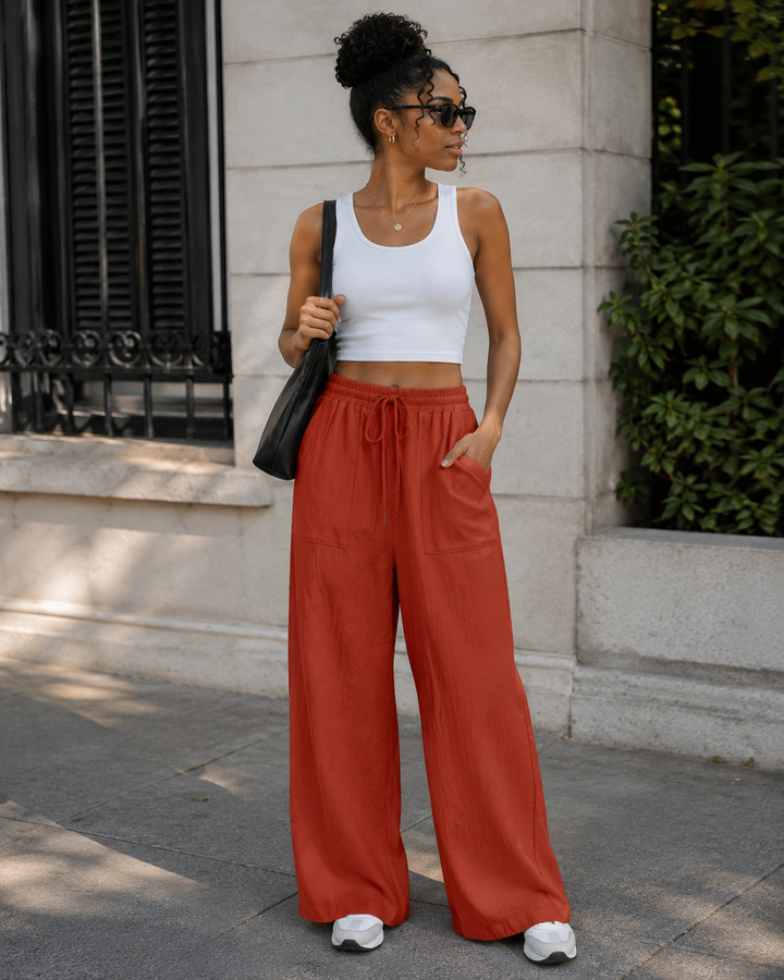 Maribel Pantalon Palazzo Femme Taille Haute à Cordon, Fluide, Doublé & Poches