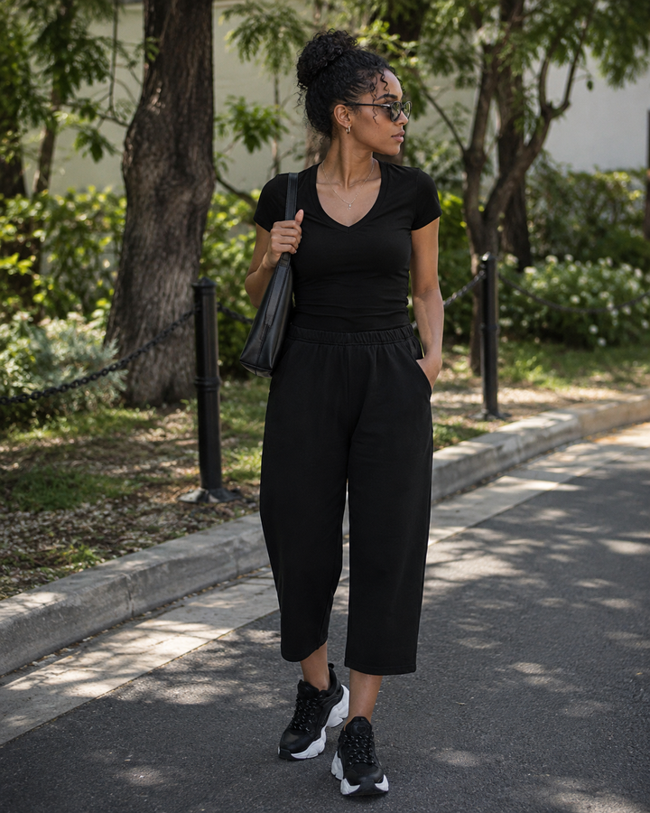 Mabel Pantalon 7/8 Femme Coupe Droite, Taille Élastique & 2 Poches