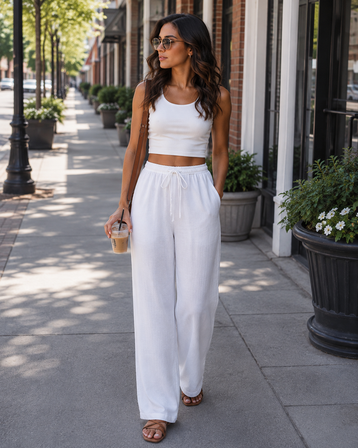 Merritt Pantalon Femme Lin & Coton Taille Haute Élastique Jambes Larges avec Poches