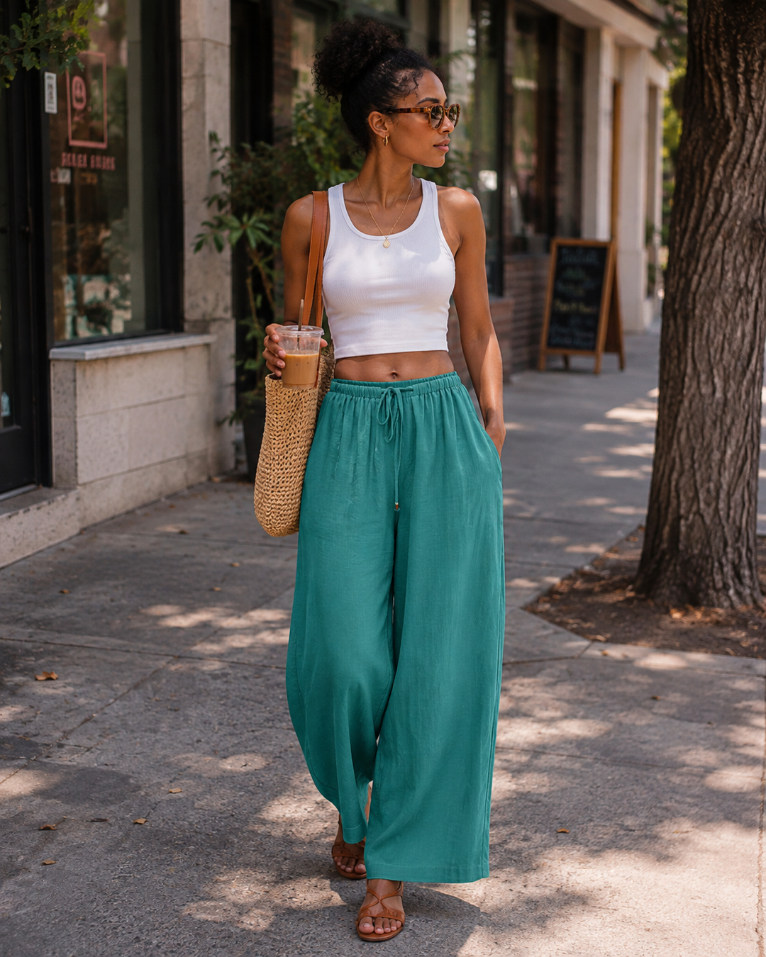 Eulalie Pantalon Large Femme Mélange Lin, Taille Élastique à Cordon & Poches