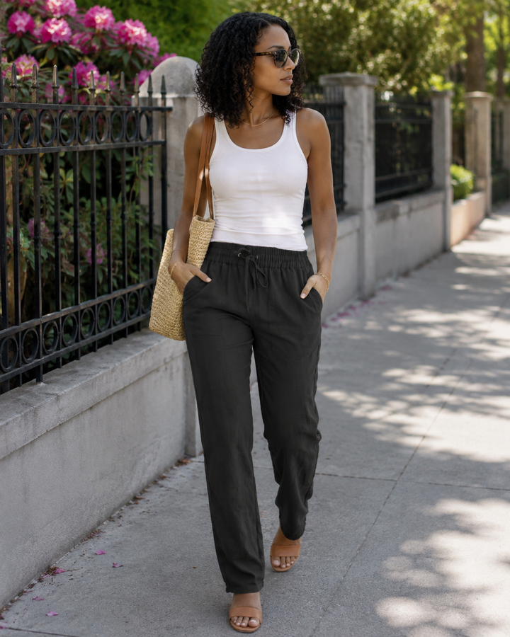 Thalia Pantalon Femme Coton & Lin, Taille Élastique à Cordon, Coupe Droite & Poches