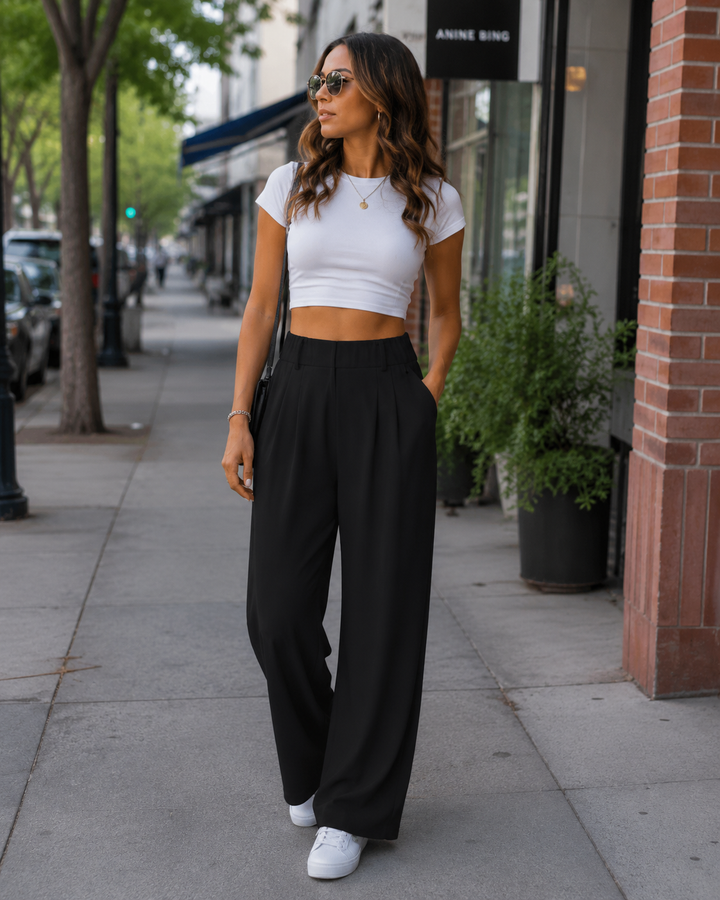Blythe Pantalon Palazzo Femme Taille Haute Élastique Jambes Larges avec Poches