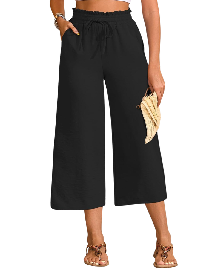 Zina Pantalon Femme Capri Large Taille Haute Cordon & Poches Été, vue 3