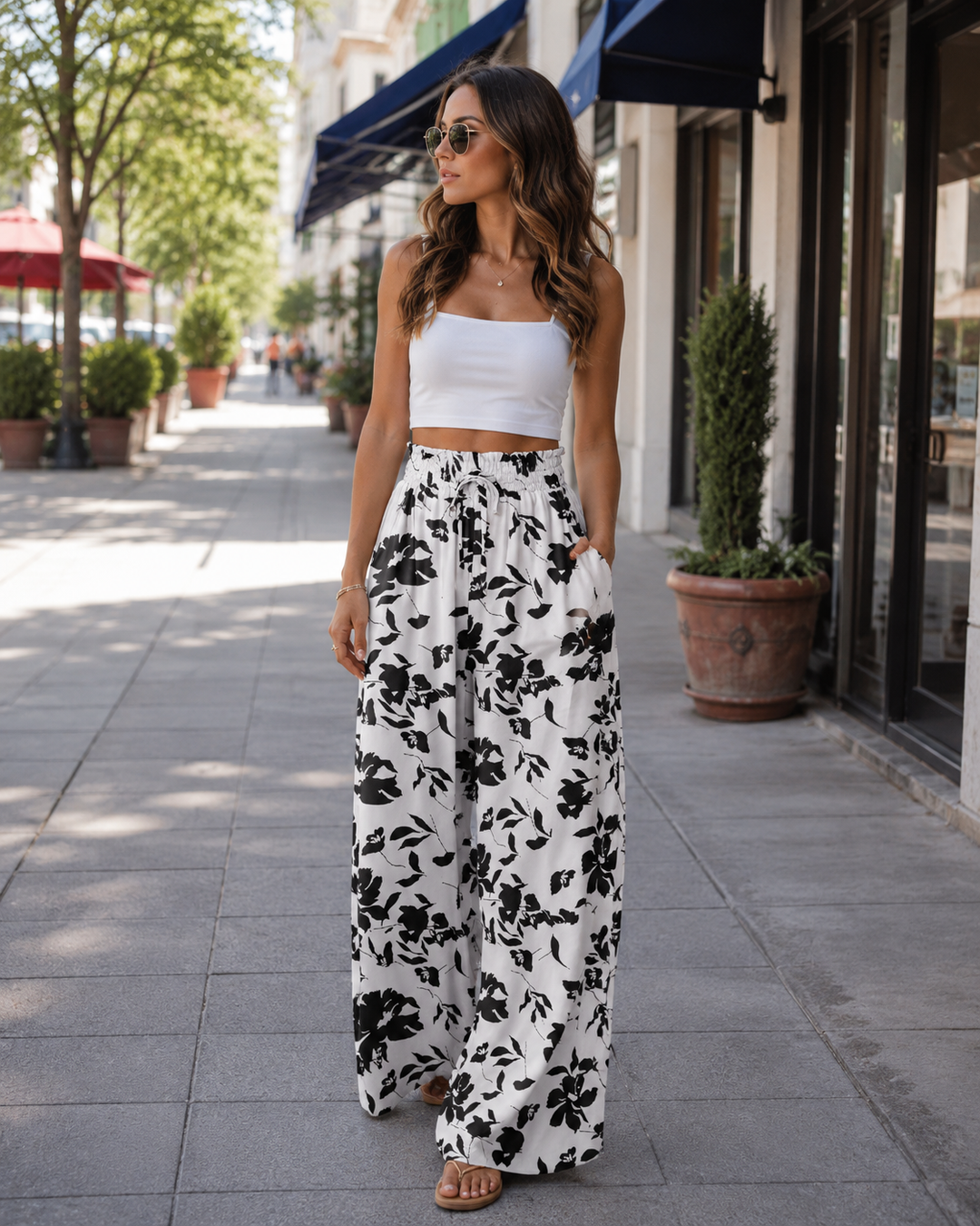 Sutton Pantalon Palazzo Femme Taille Haute Élastique Jambes Larges Fluide avec Poches