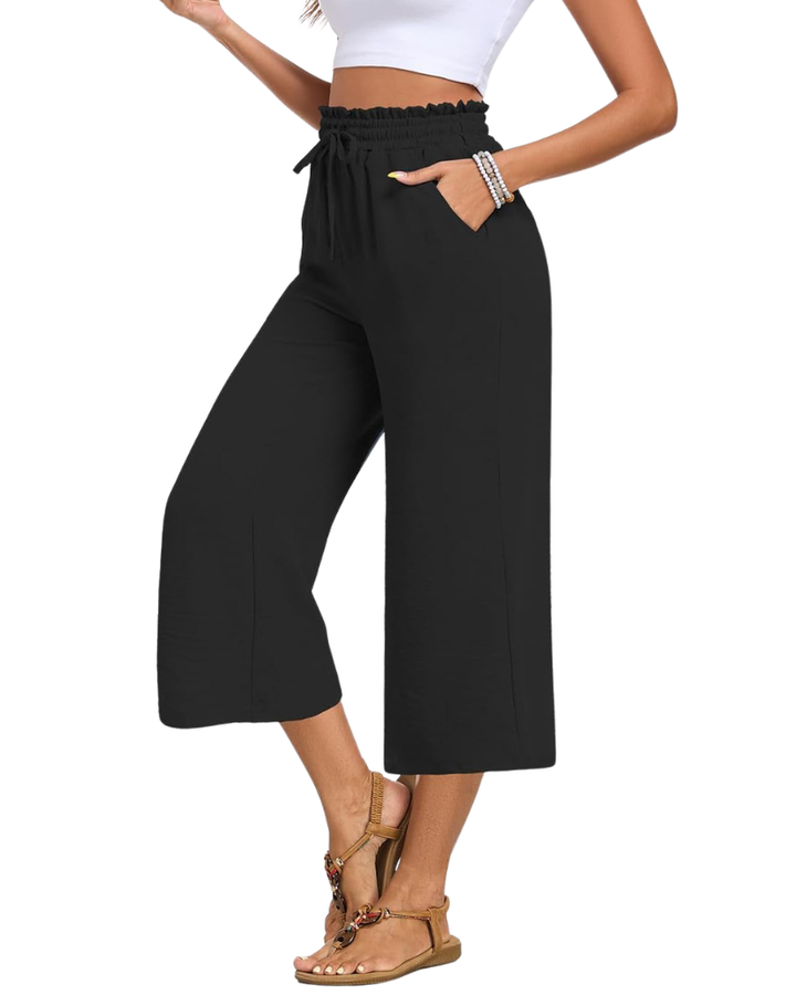 Zina Pantalon Femme Capri Large Taille Haute Cordon & Poches Été, vue 4