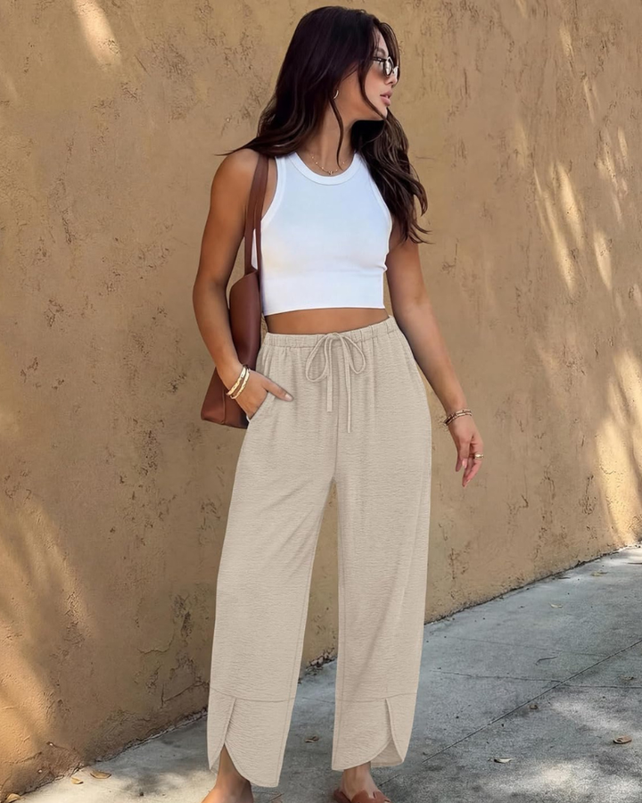 Klair Pantalon Femme Capri Palazzo Large Taille Élastique Cordon & Poches