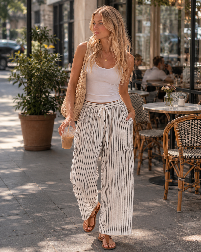Tina Pantalon Femme Palazzo Lin Large Oversize Taille Cordon & Poches