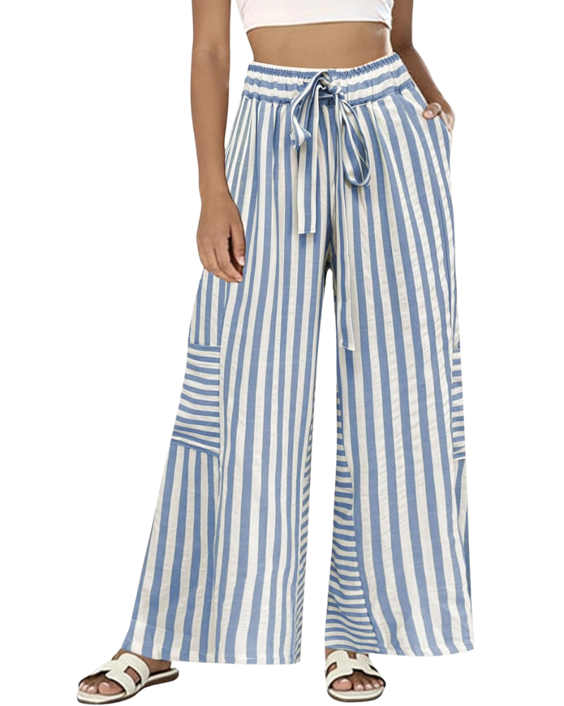 Fina Pantalon Femme Palazzo Rayé Large Taille Élastique Cordon & Poches, vue 5