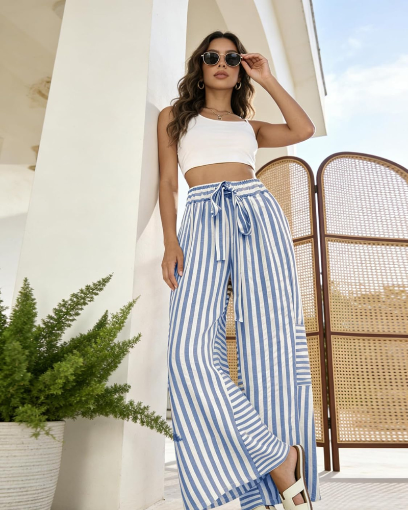 Fina Pantalon Femme Palazzo Rayé Large Taille Élastique Cordon & Poches, vue 2