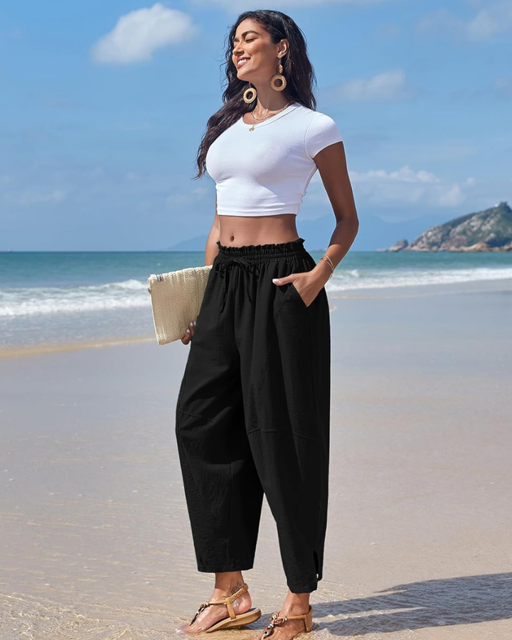 Cristal Pantalon Femme Harem Coupe Large, Taille Haute Élastique, Léger Décontracté