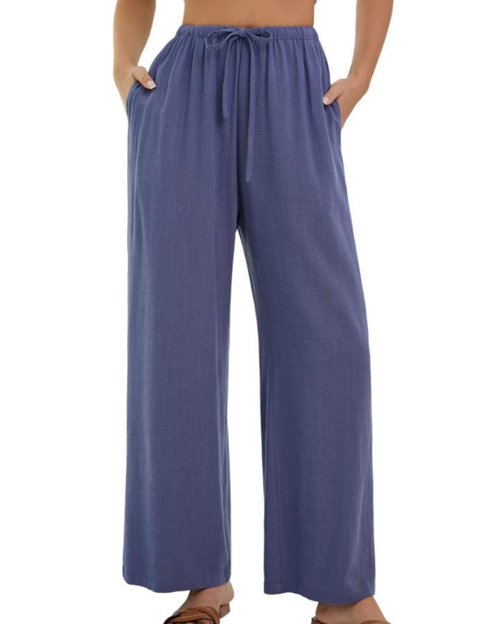 Merritt Pantalon Femme Lin & Coton Taille Haute Élastique Jambes Larges avec Poches, vue 6