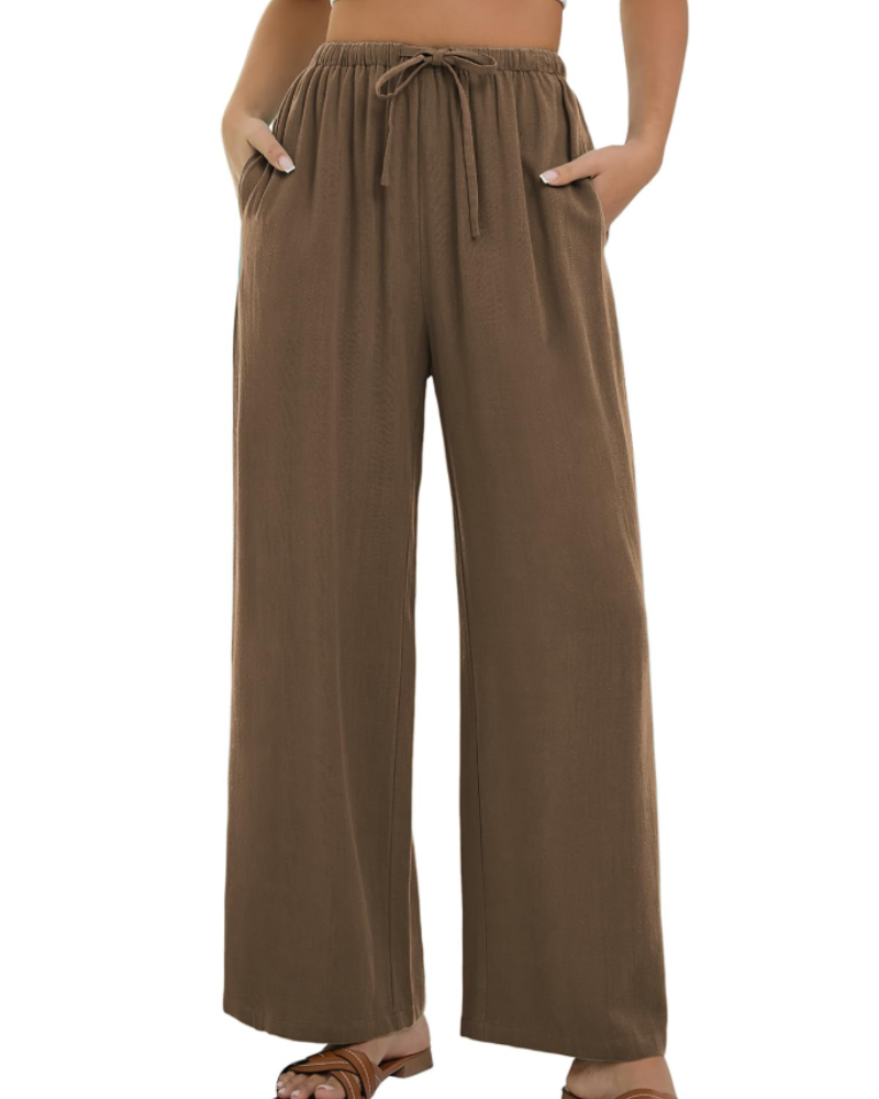 Merritt Pantalon Femme Lin & Coton Taille Haute Élastique Jambes Larges avec Poches, vue 4