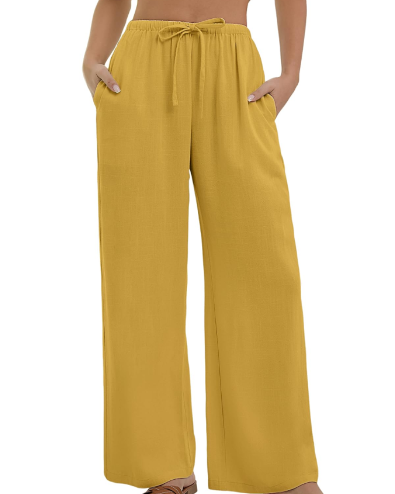 Merritt Pantalon Femme Lin & Coton Taille Haute Élastique Jambes Larges avec Poches, vue 3
