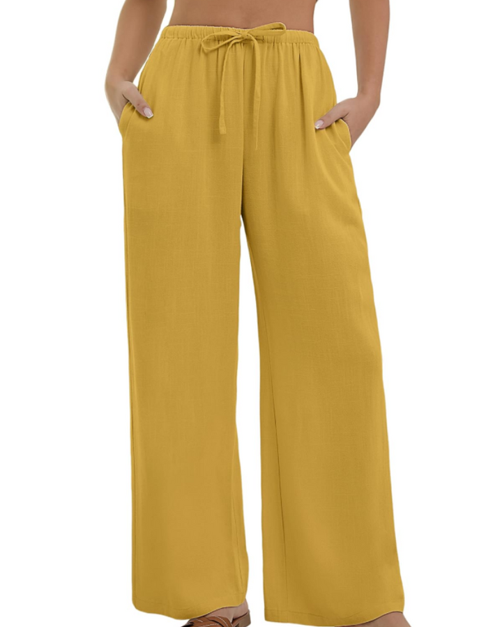 Merritt Pantalon Femme Lin & Coton Taille Haute Élastique Jambes Larges avec Poches, vue 3