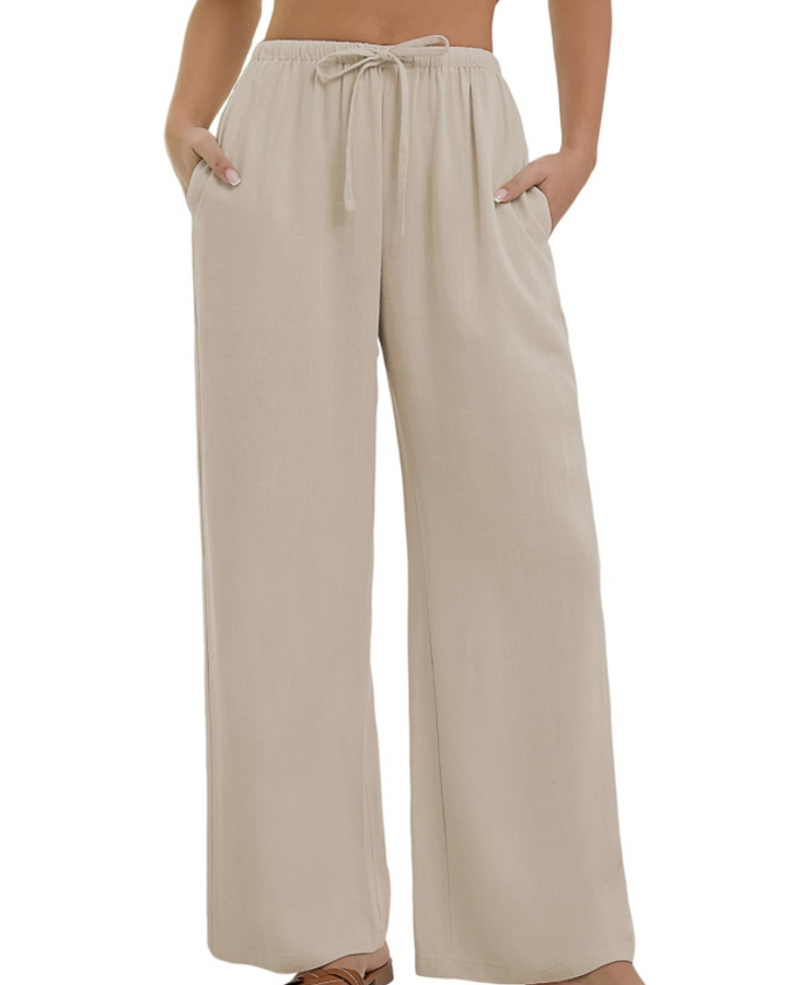 Merritt Pantalon Femme Lin & Coton Taille Haute Élastique Jambes Larges avec Poches, vue 7